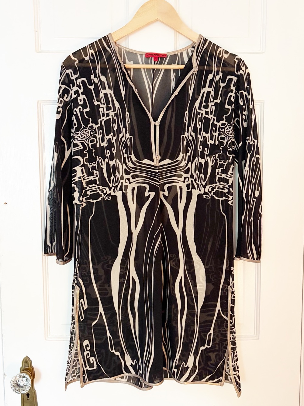 Vivienne Tam Black, Cream & Gold Tunic Dress Women's Small Sheer Top Cover Up